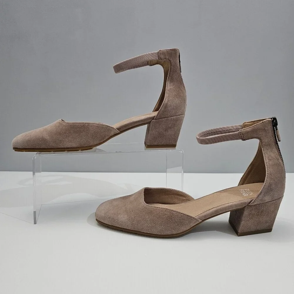 Eileen Fisher Veery Heel Pump Ankle Strap Zip Earth Tan Suede Size 8 NEW - Picture 2 of 16